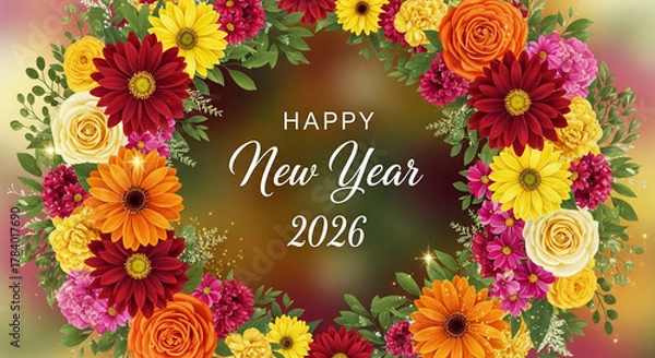 Fototapeta Happy New Year 2026 message surrounded by a colorful floral wreath