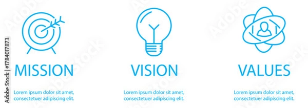 Obraz Linear vector icons of mission, vision and values as business growth concept
