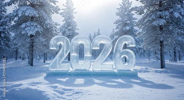 Fototapeta Ice sculpture of the year 2026 standing in a cold snowy winter forest