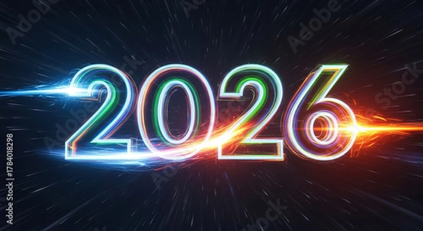 Fototapeta Illuminated 2026 numbers with colorful light streaks and star trails