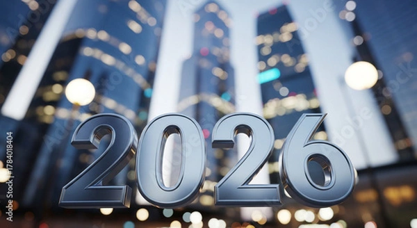 Fototapeta Metallic 2026 numbers against a blurred backdrop of modern city skyscrapers