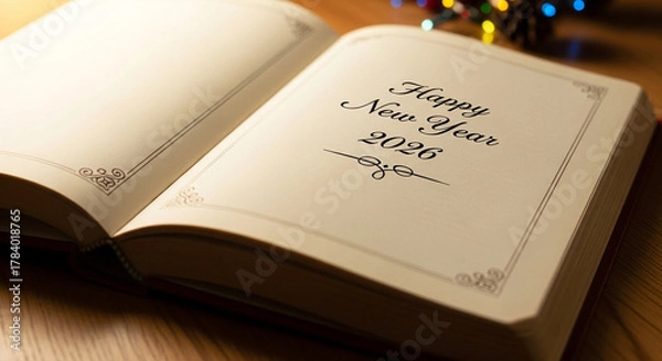 Obraz Open book displaying Happy New Year 2026 message with holiday lights in background
