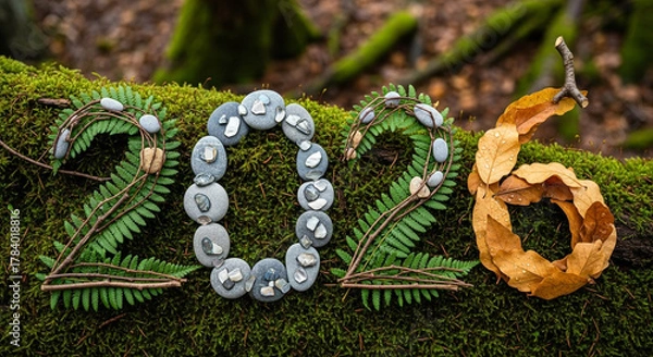 Fototapeta Numbers 2026 crafted from twigs leaves and pebbles on a mossy forest log