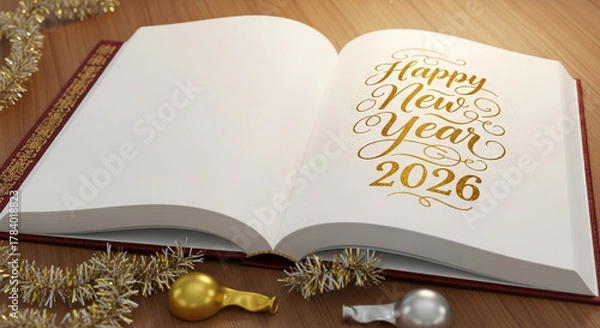 Fototapeta Open book with Happy New Year 2026 message and blank page