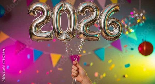 Obraz Silver foil balloons forming 2026 held by a hand at a festive celebration