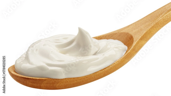 Fototapeta Sour Cream on wooden spoon, mayonnaise, yogurt, isolated, full depth of field