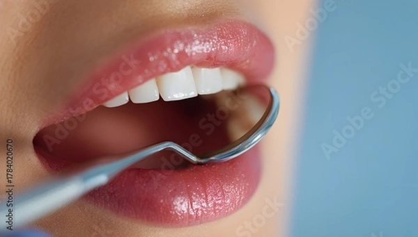 Obraz A close-up of a bright smile showing clean white teeth during a dental check-up. A dentist’s mirror reflects the teeth, emphasizing oral hygiene and healthy gums.