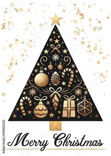 Fototapeta Merry Christmas Luxury Gold greeting card design, stylized christmas tree on white decorative background, golden elements, star, ball sphere, baubles, pine cone, ribbons, presents, decorations