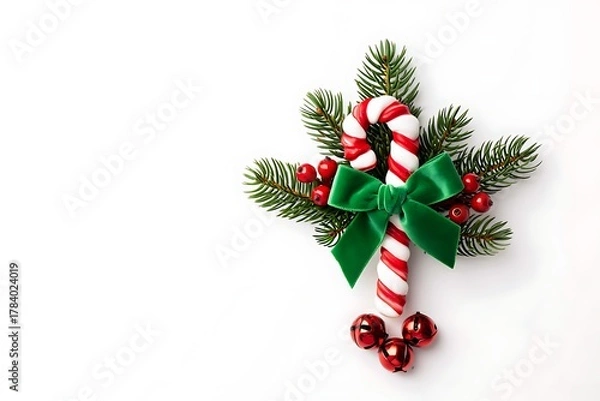 Obraz Christmas candy cane with fir branches isolated on white background