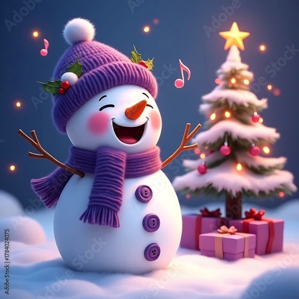 Obraz Cute snowman singing carols next to a christmas tree