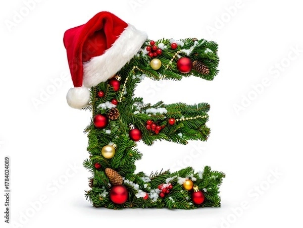 Obraz Letter E decorated with flowers and leaves, 3D rendering isolated on white background