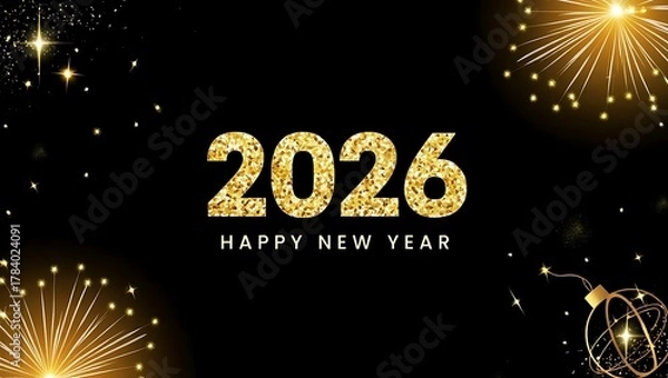 Obraz Happy new year 2026 with golden fireworks and glitter