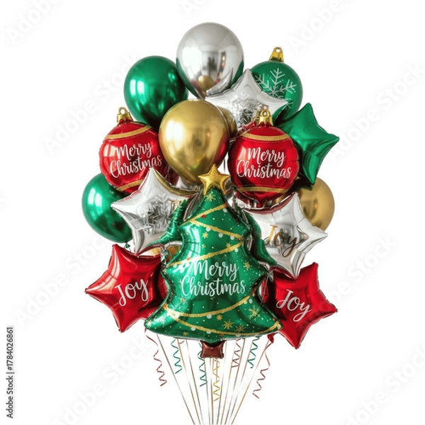 Fototapeta Christmas balloons isolated on white transparent background, PNG, bunch of balloons, colorful balloons