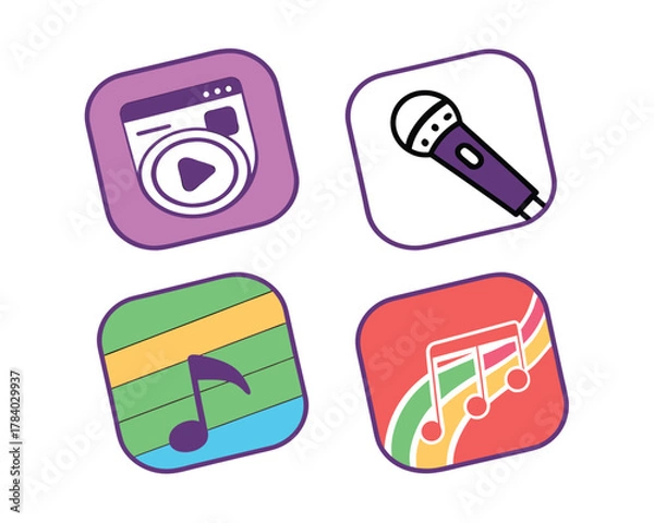 Fototapeta Colorful Music and Entertainment Icons on White Background Representing Different Forms of Media and Artistic Expression