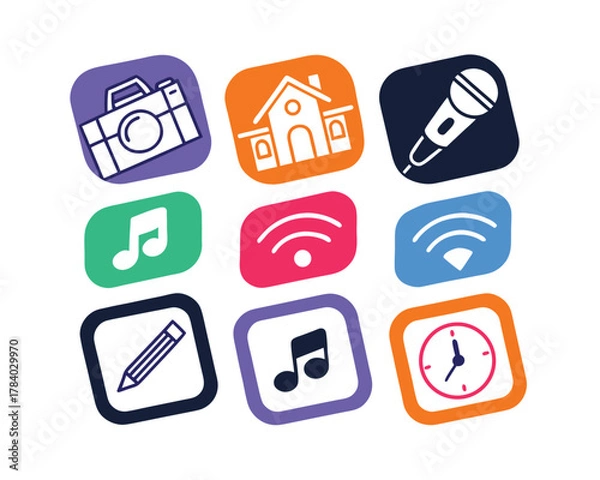 Fototapeta Set of Modern App Icons for Digital Technology and Communication in Flat Design Style with Bright and Playful Colors