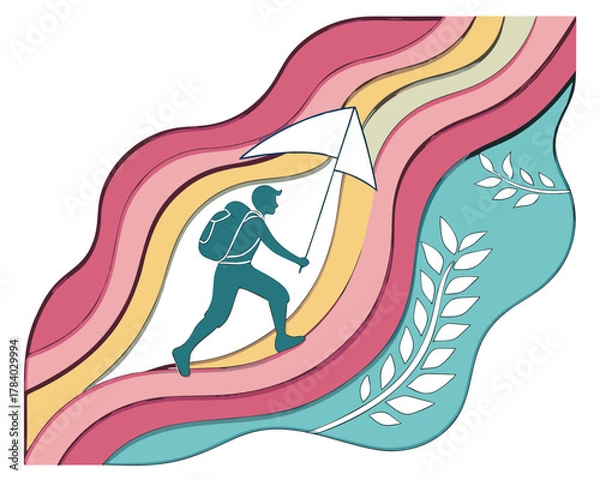 Fototapeta Silhouette of a traveler climbing to new heights with a backpack in an abstract nature landscape design and colorful layers