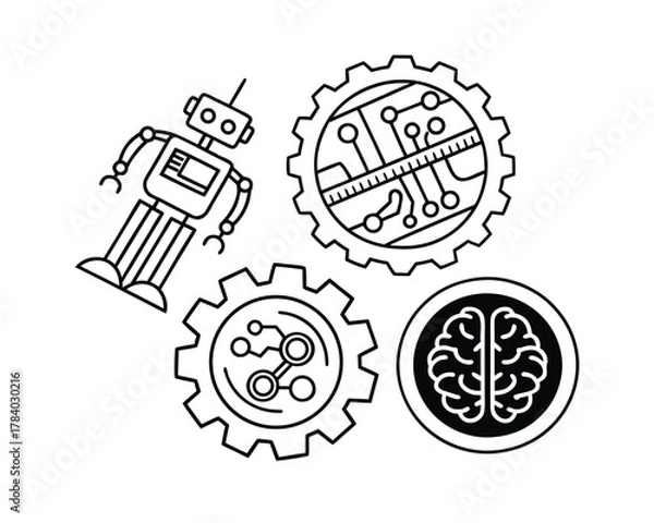 Fototapeta Futuristic AI Concepts with Robot Gears and Brain Illustration on White Background Represents Technology and Innovation