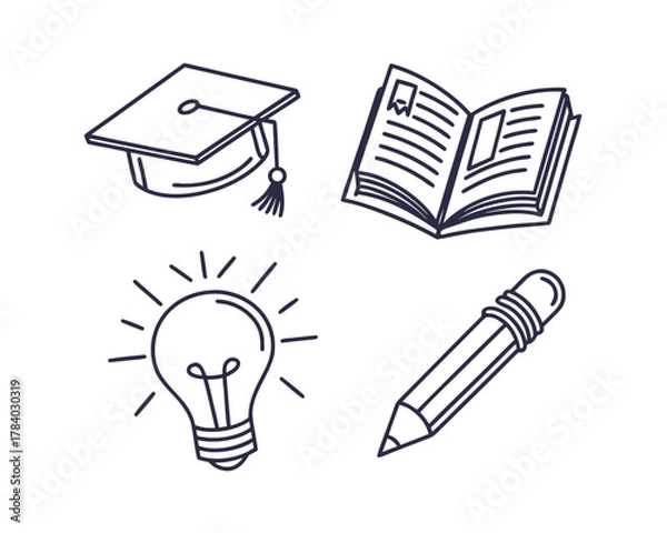 Fototapeta Education and Learning Outline Icon Set Graduation Cap Book Lightbulb and Pencil Symbolic Representation of Knowledge and Inspiration
