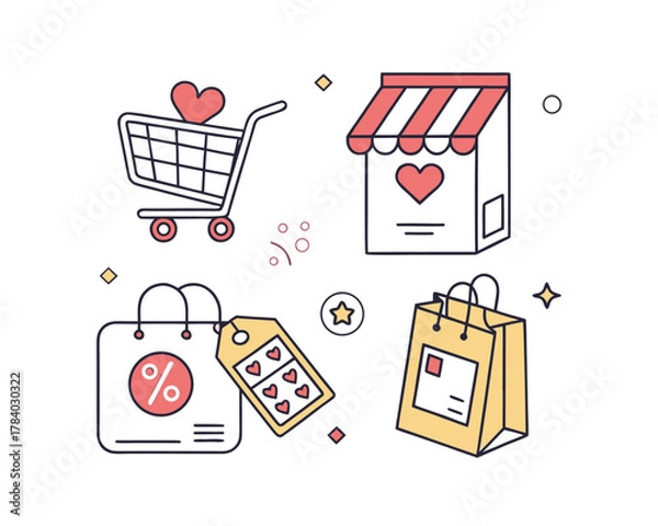 Fototapeta Online shopping icons featuring store front shopping cart bags and price tag great for sales and discounts advertisements