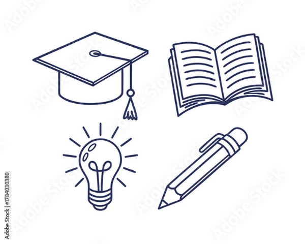 Fototapeta Education and Learning Vector Illustration with Graduation Cap Book Lightbulb and Pencil for Academic Success
