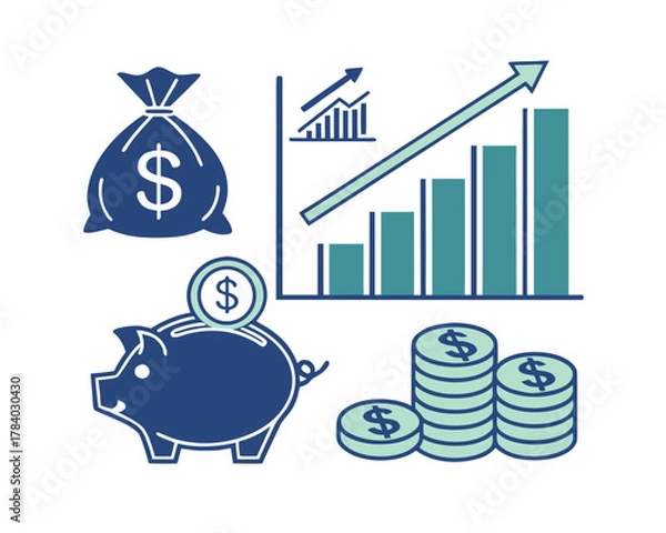 Fototapeta Investment growth strategy with piggy bank money bag graph and coin stacks for financial success and planning