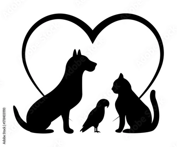 Fototapeta Dog cat bird friendly pets vet logo with heart in background minimalist illustration