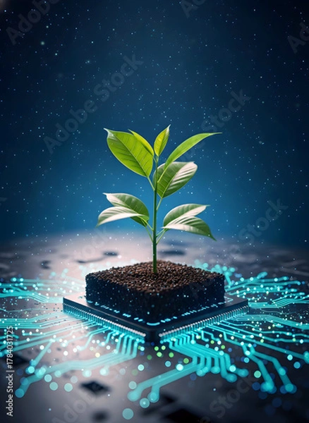 Fototapeta Young green plant growing from soil on a digital circuit board