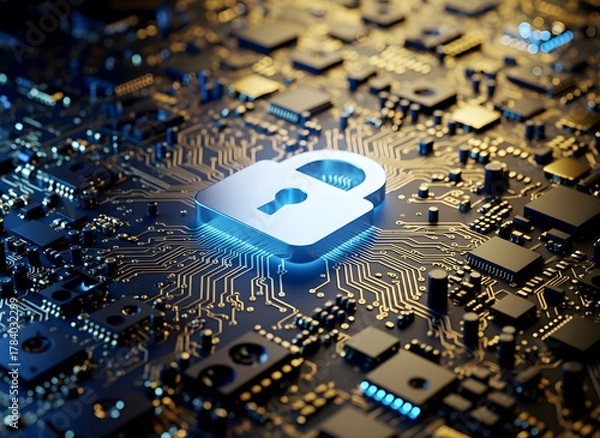 Fototapeta Glowing blue padlock symbol on a futuristic computer circuit board