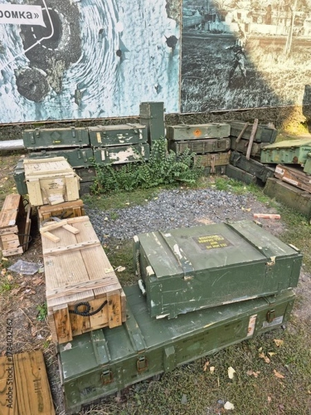 Fototapeta Wooden boxes from under shells used in the Russian-Ukrainian war.