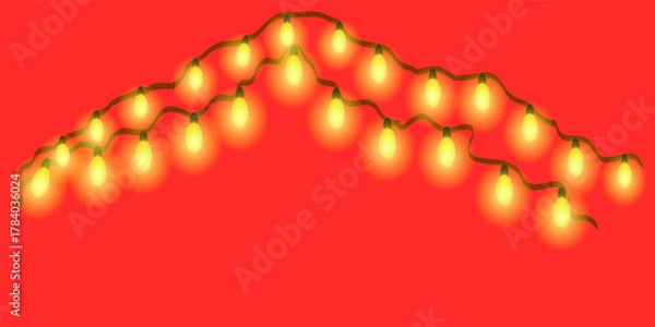 Fototapeta New Year banner. Circle of light forms magical border. Soft yellow bulbs hang on thread. Twinkling fairy lights glow in soft amber. Golden garland loops around festive corner.