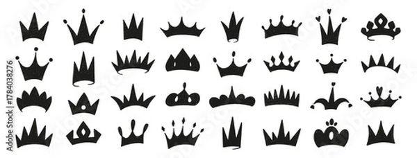 Obraz Crowns crayon icons set. King or queen crown silhouettes. Black doodles on white bg. Hand drawn prince and princess head accessories. Royal diadem, majestic tiara. Sketch of luxurious symbols, vector