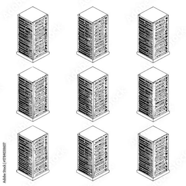 Fototapeta Isometric view of nine server racks arranged in a three by three grid on a white background showing detail
