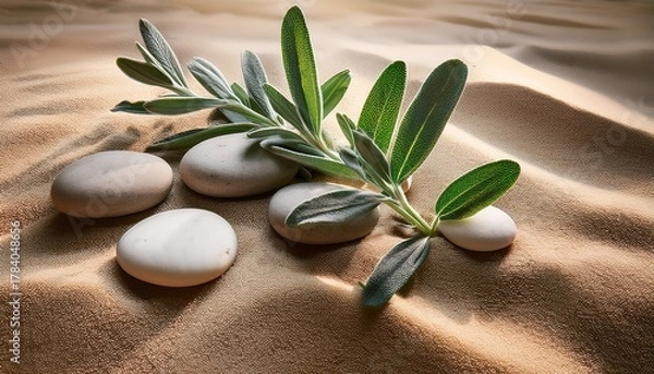 Obraz Natural Harmony Sage Twig And Pebble Rocks On Sand Serene Botanical Background