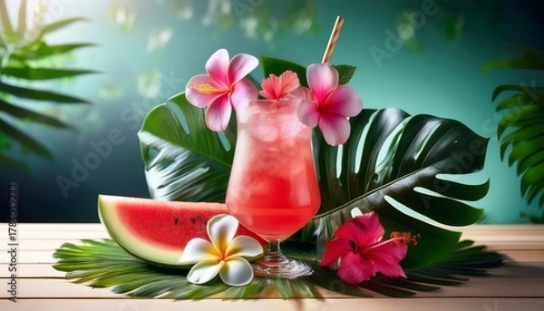 Obraz Refreshing Summer Cocktail Garnished With Vibrant Frangipani And Hibiscus Flowers Surrounded By Lush Monstera Leaves And Juicy Watermelon Creating A Tropical Paradise Atmosphere