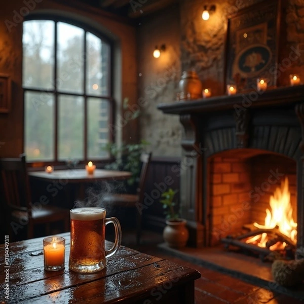 Fototapeta Warm inviting pub interior with fireplace and beer. A cozy English pub with a burning fire and candle. Mug of beer and candle on wooden table. Rainy day outside window.