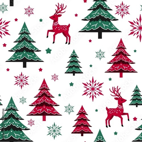 Fototapeta Seamless pattern Reindeers and Pine trees, Christmas trees on a white background, perfect for textile, fabric, wrapping paper