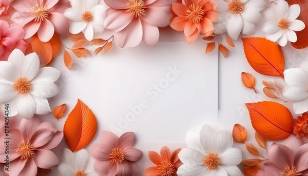 Fototapeta Beautiful Abstract Color White And Pink Flowers On White Background And White Flower Frame And Orange Leaves Background Texture Flowers Banner