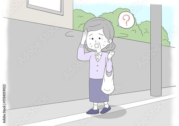 Fototapeta 道に迷ったシニア女性　はてな　背景