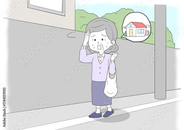 Fototapeta 道に迷ったシニア女性　家　背景