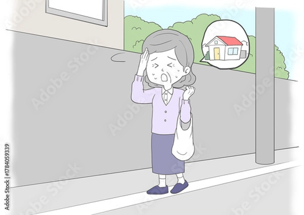 Fototapeta 道に迷ったシニア女性2　家　背景