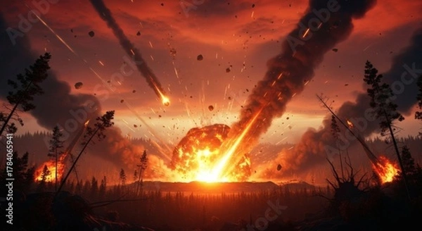 Obraz A catastrophic meteor impact event engulfs a forest in fire and destruction under a dramatic, fiery sky.