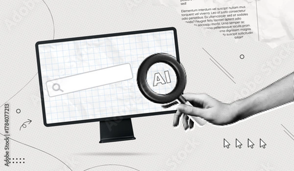 Fototapeta Trendy Halftone Collage Artificial intelligence and digital technology. Hand holding magnifying glass on laptop screen. AI powered search engine. Contemporary vector illustration art