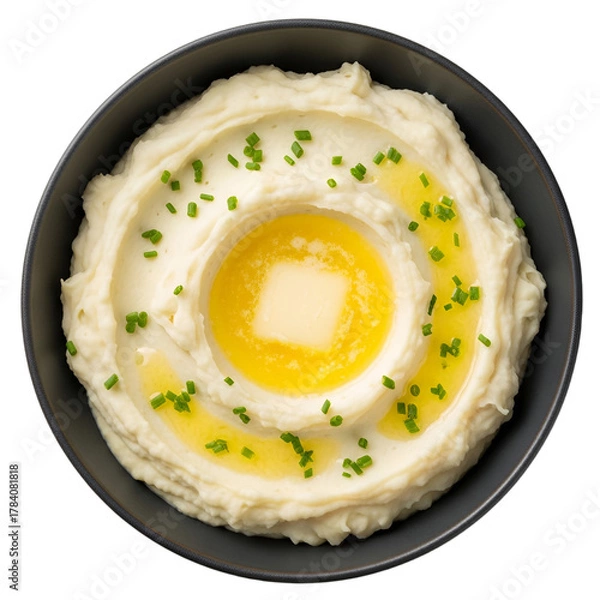 Obraz Creamy, fluffy mashed potatoes in a ceramic bowl with melting butter and chives. Perfect overhead shot, sharp texture for Thanksgiving, holiday menus, recipe blogs, or elegant food promotion.