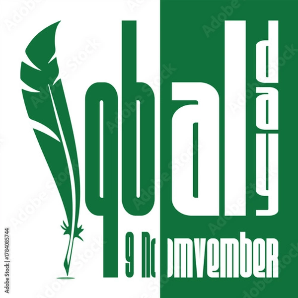 Fototapeta Allama Iqbal Day Commemoration: An artistic graphic composition, with a serene green and white theme, commemorates Allama Iqbal Day, paying homage to the visionary poet and philosopher. 