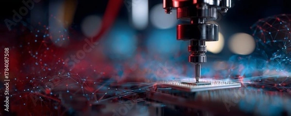 Obraz Advanced Microchip Manufacturing Process Showcasing Precision Tooling and Digital Technology Integration for Electronics Production