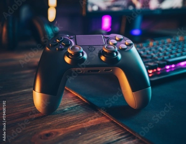 Obraz Gaming Controllers with Neon Lights and Modern Setup