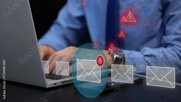 Fototapeta Laptop phishing notification shows fraud, malware breach, and suspicious vulnerability from cyberattack despite protection. Email messages and warning notification animation