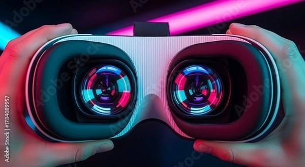 Fototapeta Futuristic Virtual Reality Goggles in Hands for Gaming and Technology Enthusiasts