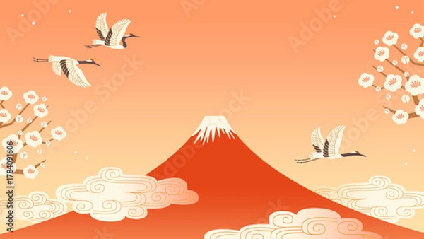 Obraz 富士山と鶴の背景　和風お正月素材
