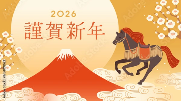 Obraz 富士山と干支の背景　午年のお正月素材　謹賀新年